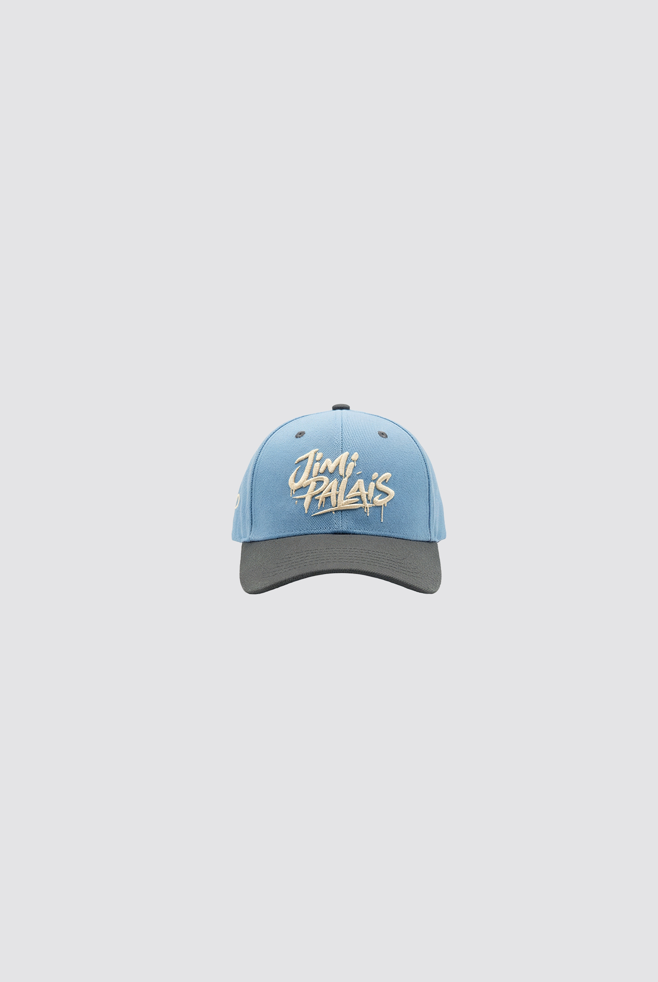 Babyblaue Cap mit grauem Schirm und JIMI PALAIS Logo in Weiß