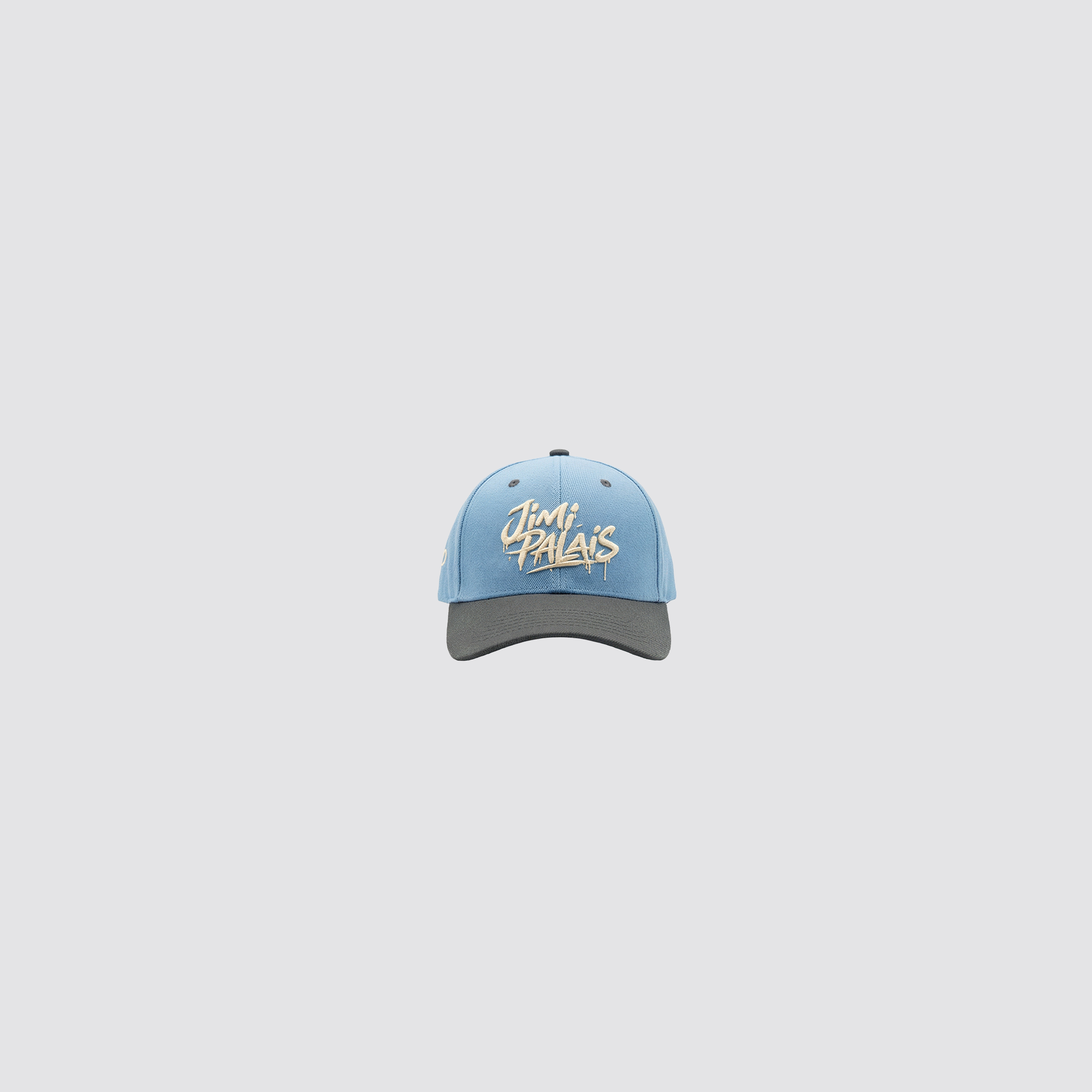 Babyblaue Cap mit grauem Schirm und JIMI PALAIS Logo in Weiß