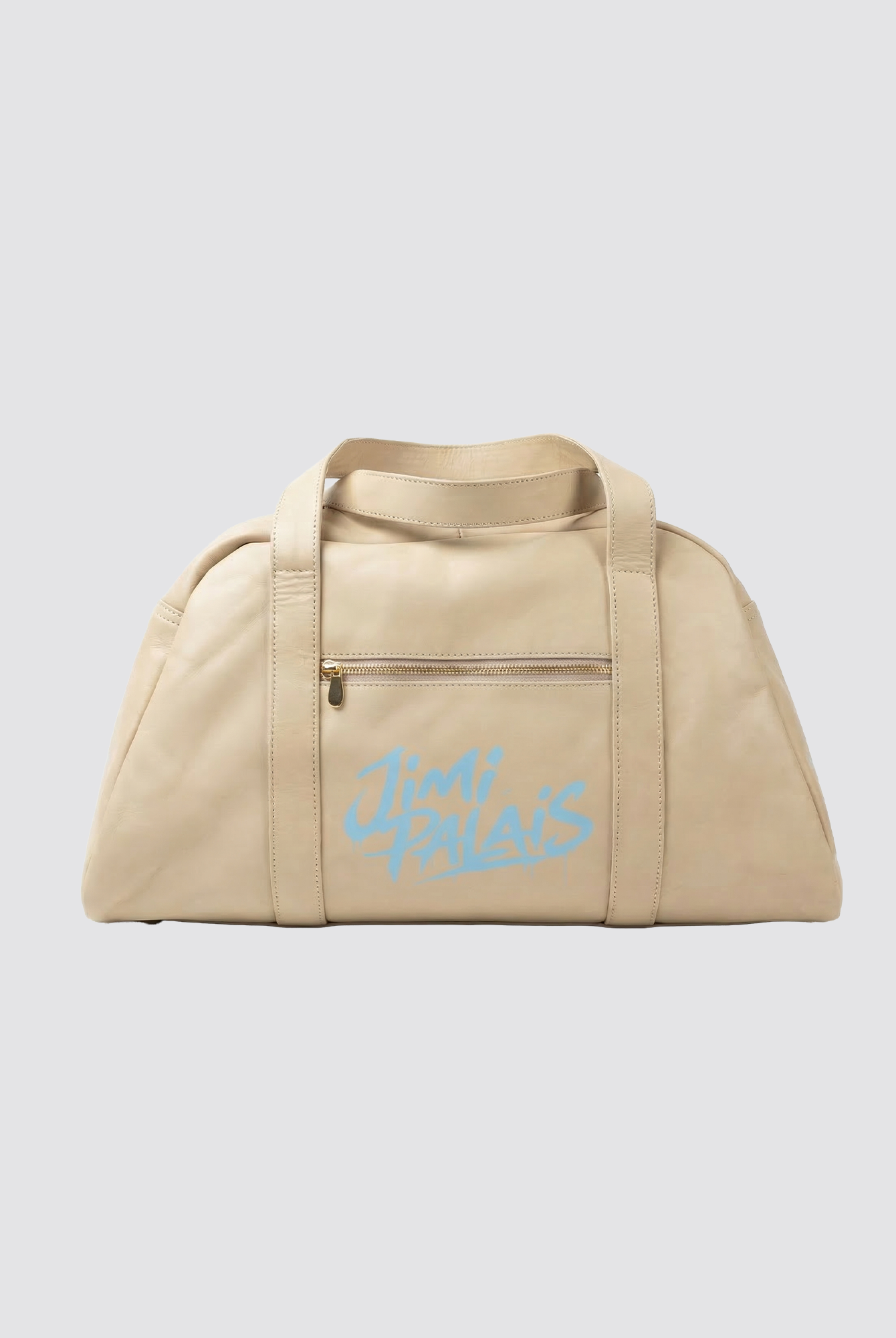 Beige Weekender Bag mit babyblauem JIMI PALAIS Monogram Print und Bowling Bag Form