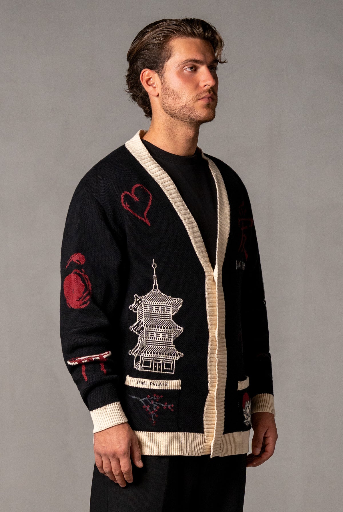 Herren Cardigan mit Japan-Applikationen – Schwarz, Seitenansicht