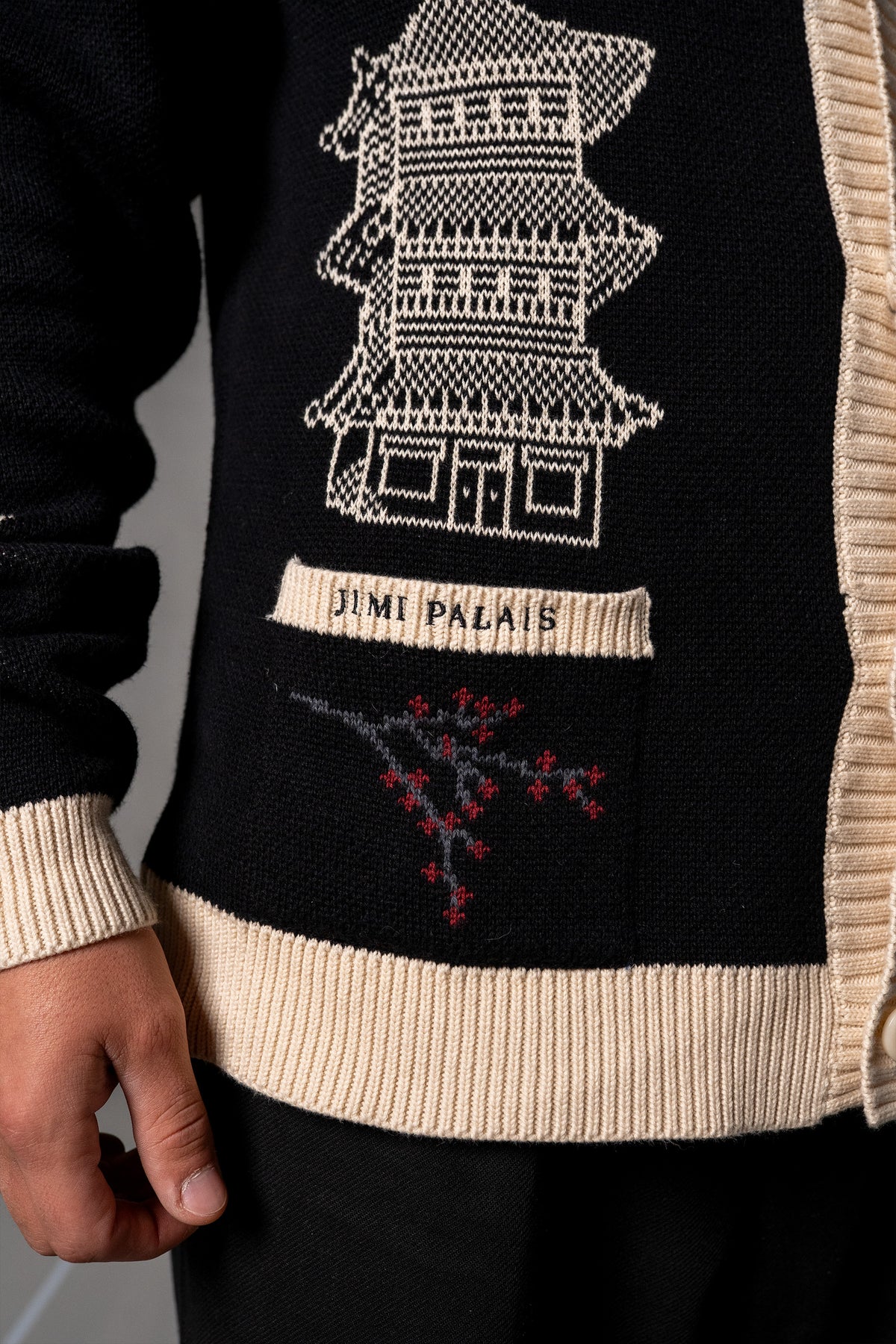 Herren Cardigan mit Japan-Applikationen – Schwarz, Detail
