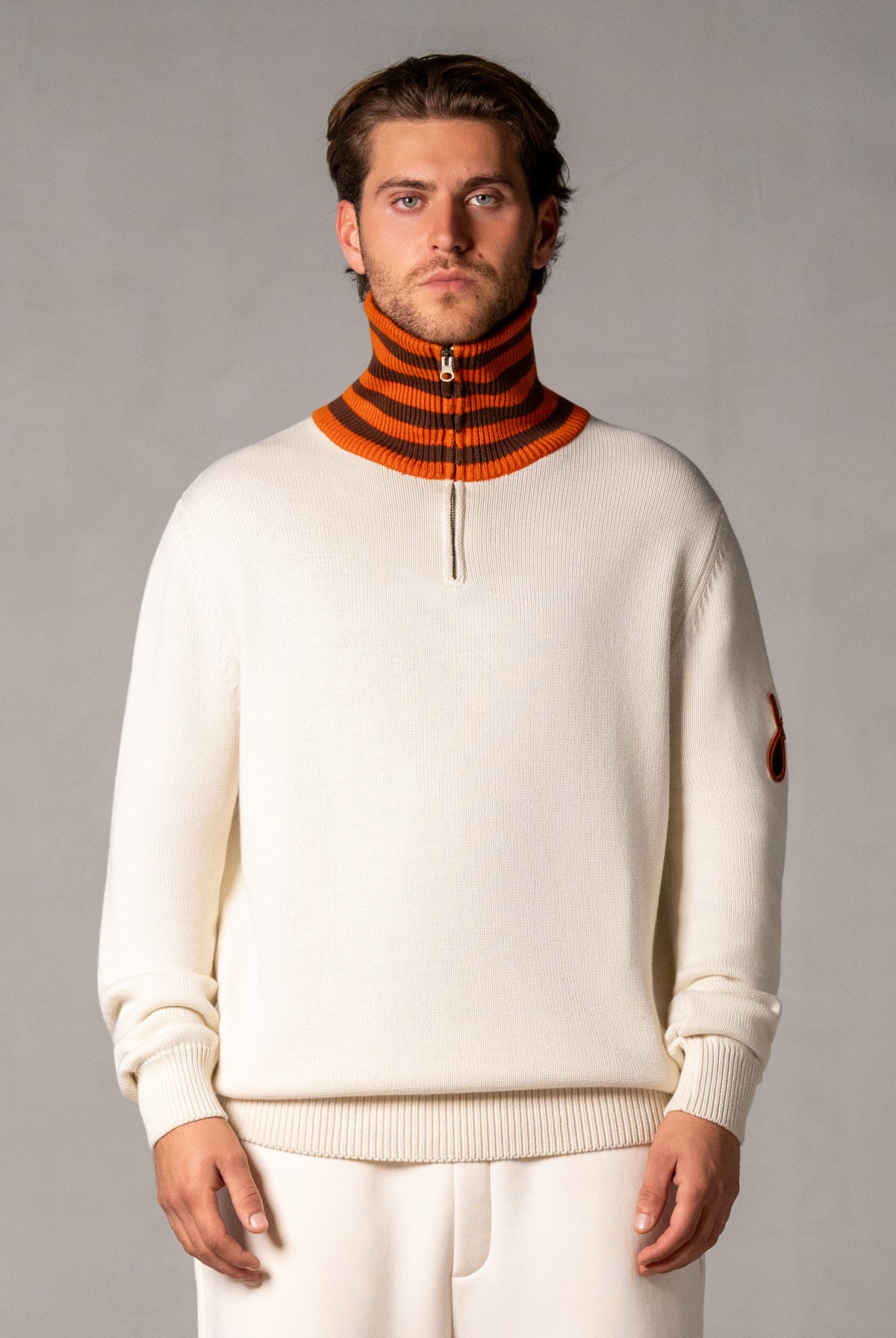 Herren Strickpolo mit Reißverschluss in Beige – Beige, Vorderansicht