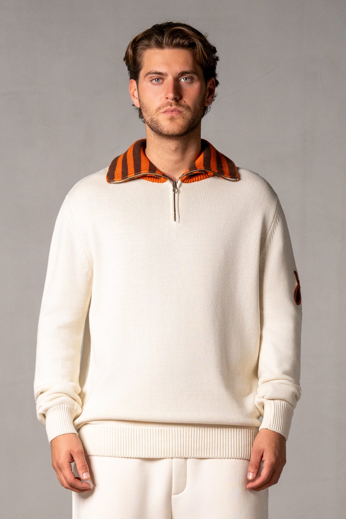 Herren Strickpolo mit Reißverschluss in Beige – Beige, Vorderansicht