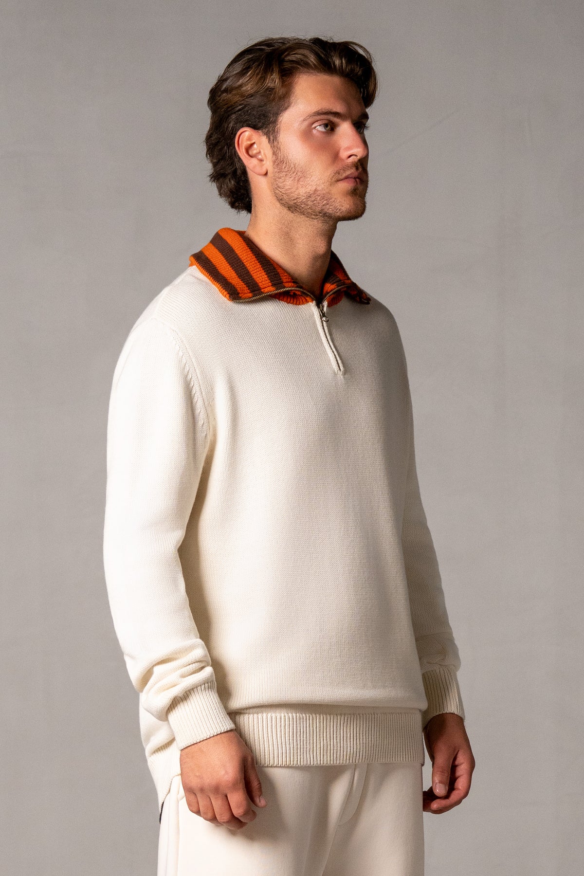 Herren Strickpolo mit Reißverschluss in Beige – Beige, Seitenansicht