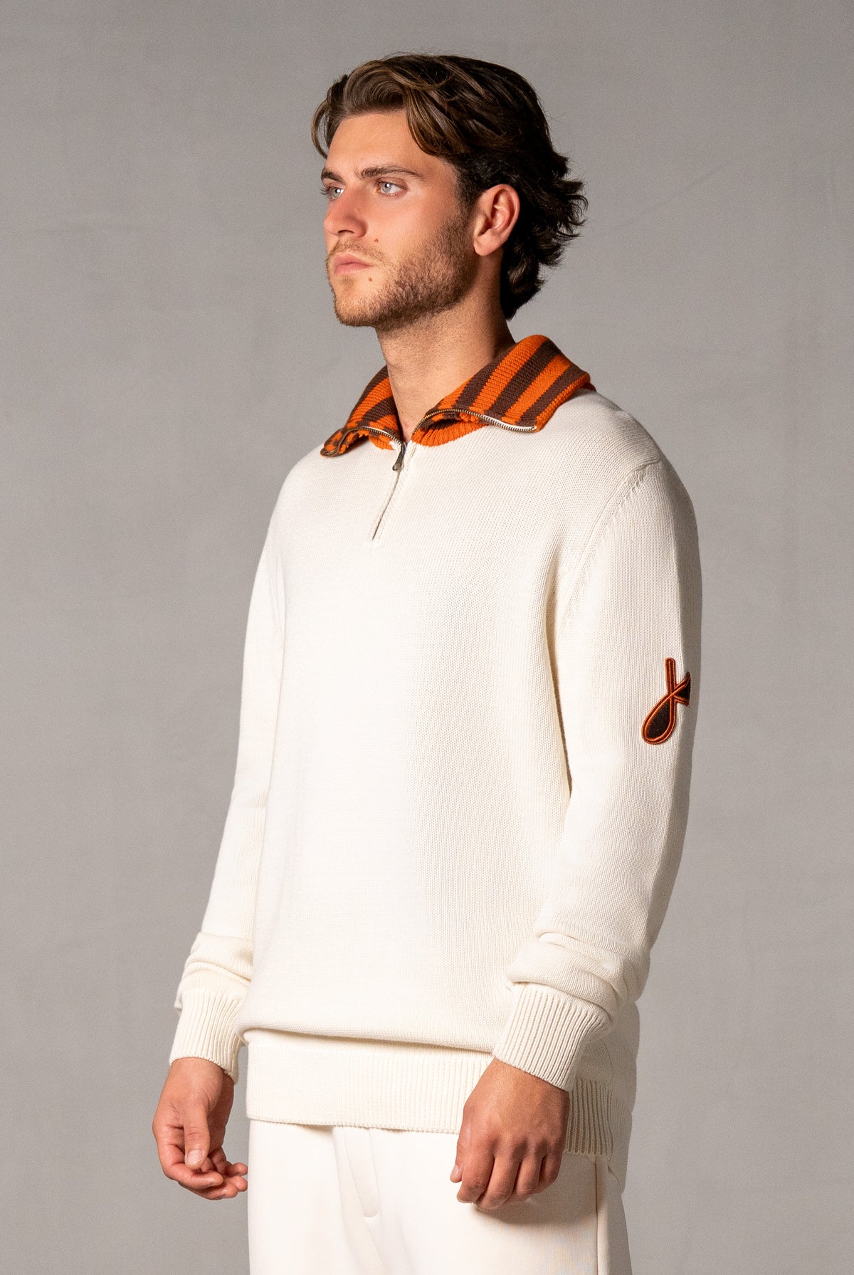 Herren Strickpolo mit Reißverschluss in Beige – Beige, Seitenansicht
