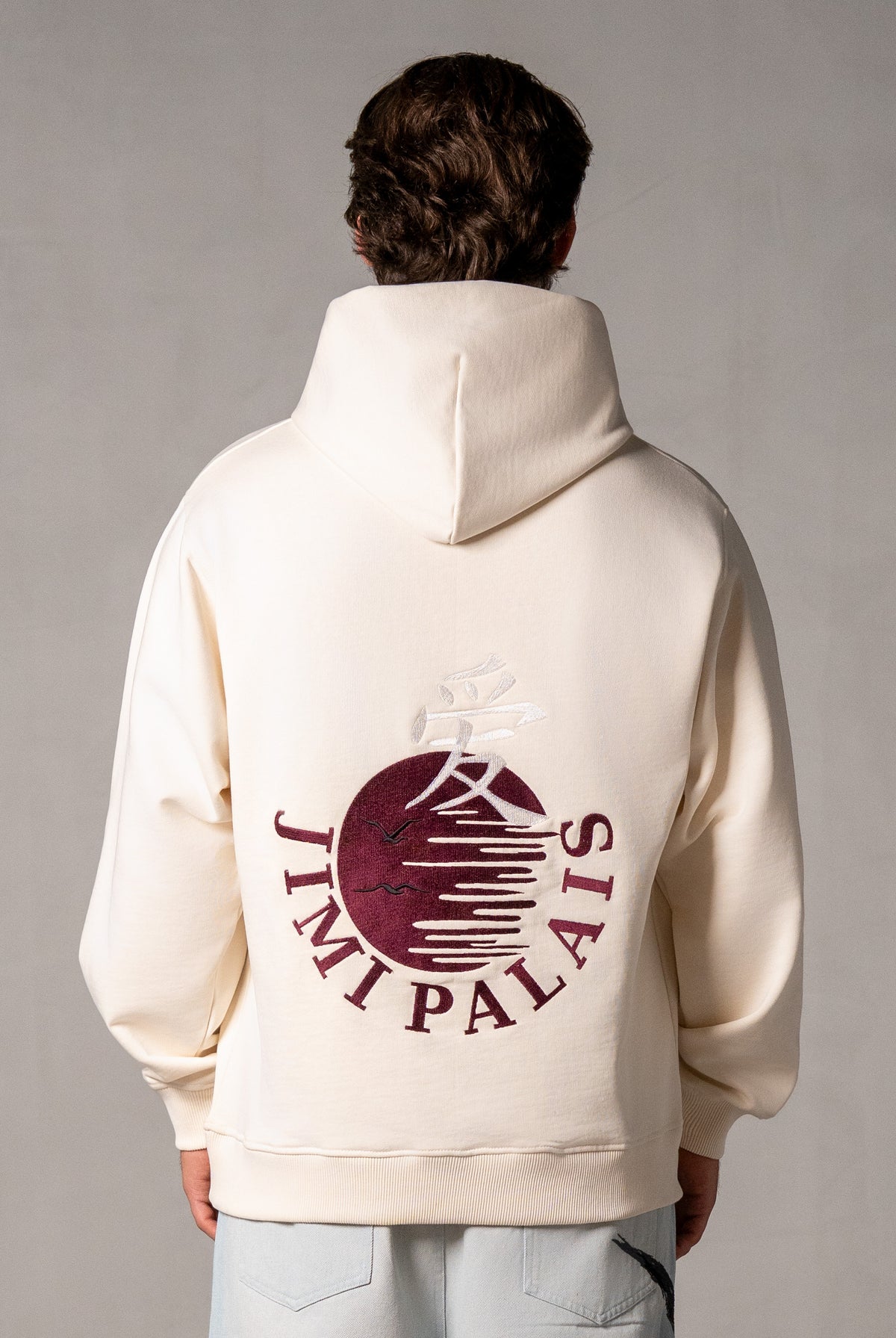 Herren Hoodie Beige mit japanischem Rückenmotiv – Beige, Rückansicht
