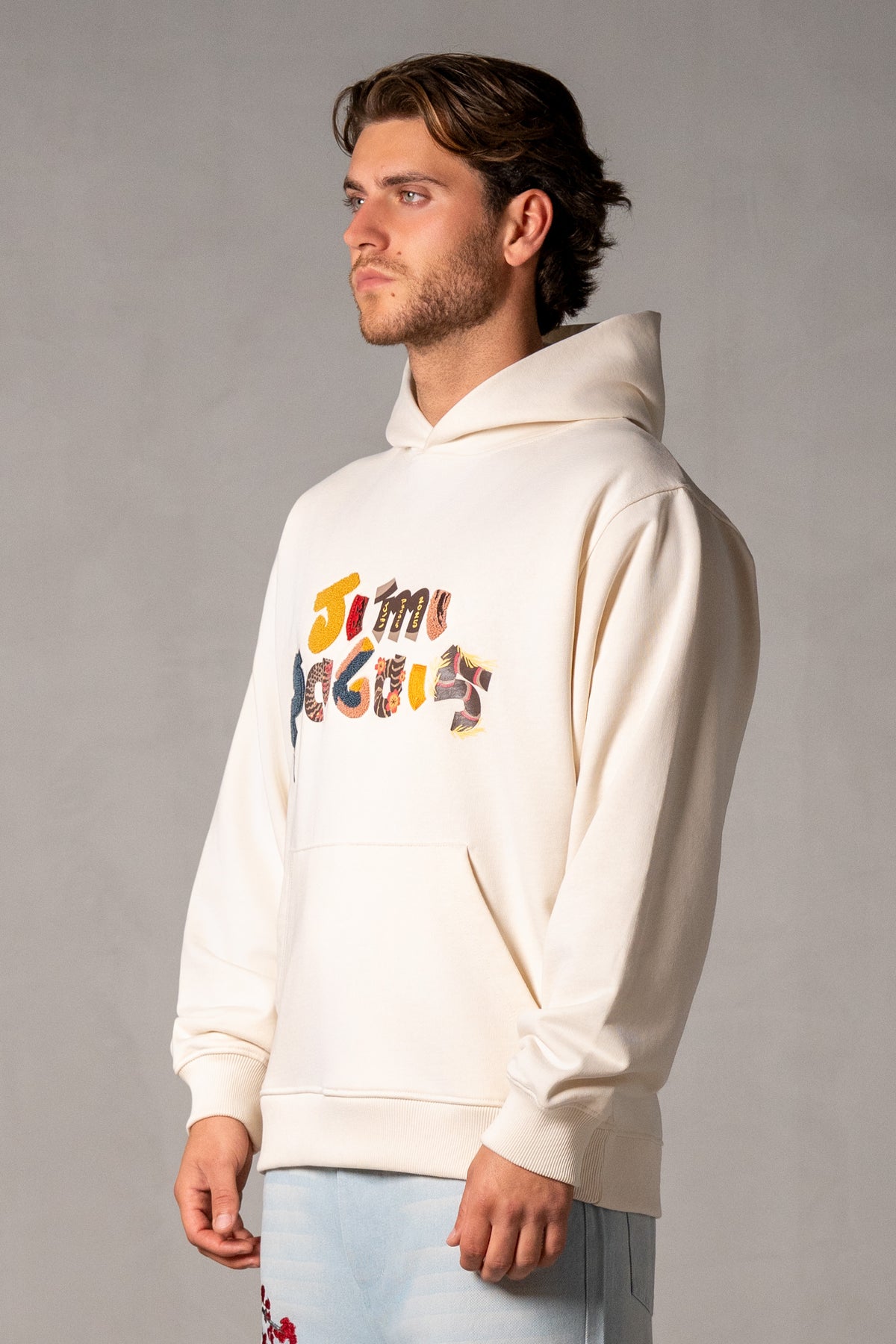 Herren Hoodie Beige mit JIMI PALAIS Mixed-Technik-Logo – Beige, Seitenansicht
