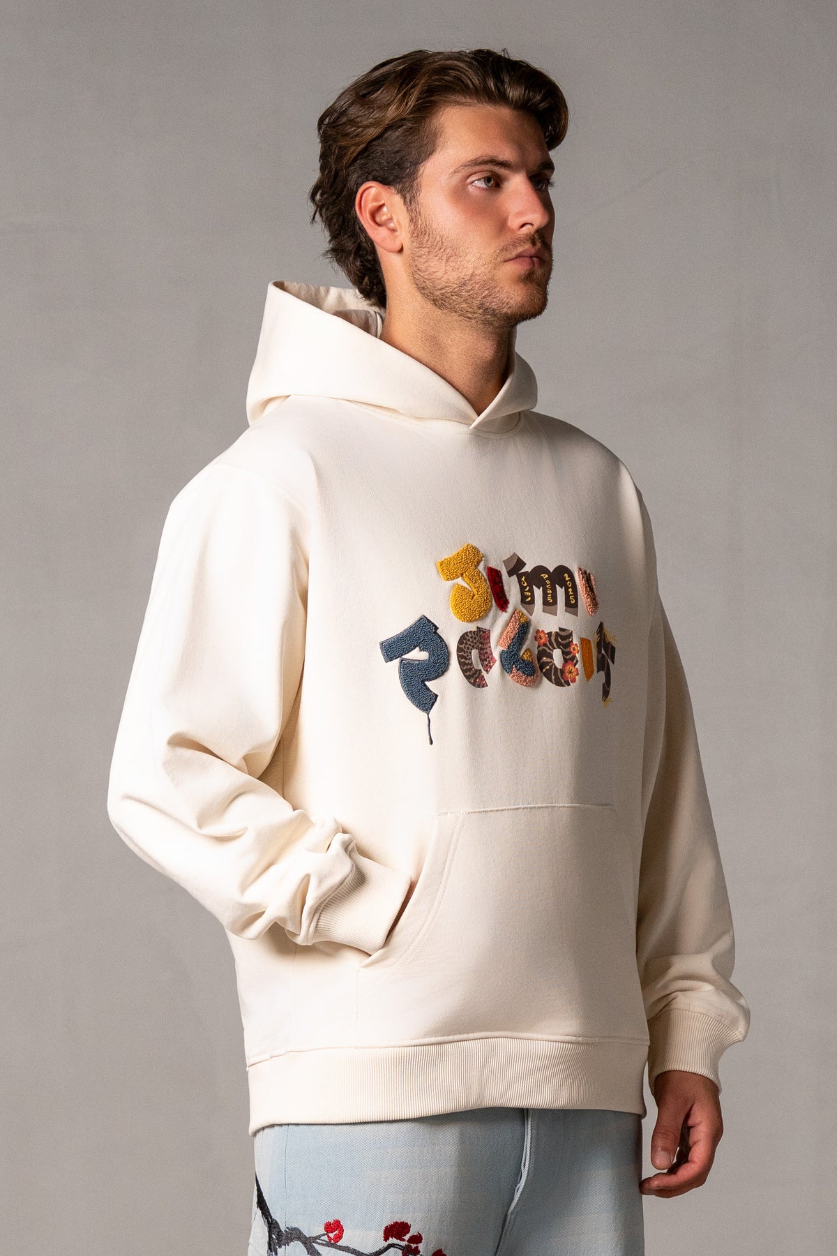 Herren Hoodie Beige mit JIMI PALAIS Mixed-Technik-Logo – Beige, Seitenansicht
