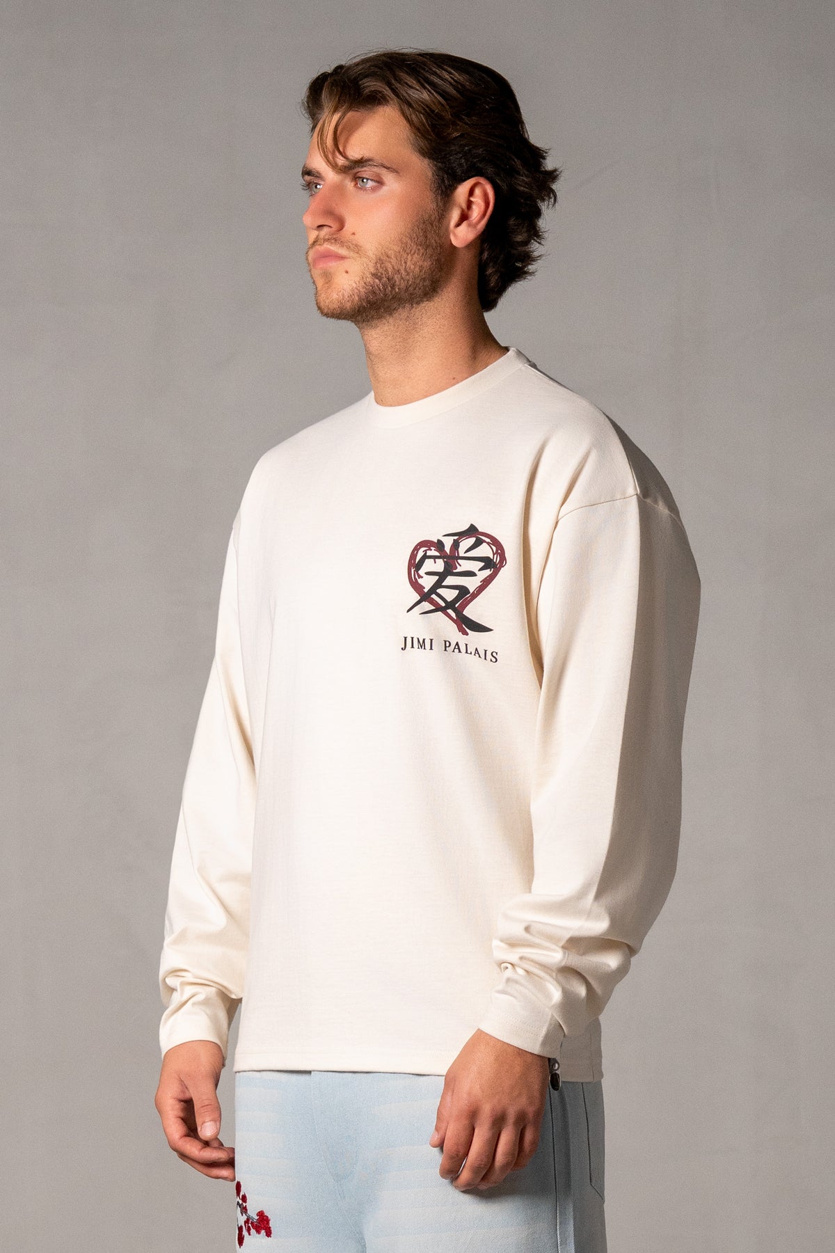 Herren Longsleeve Beige mit Japan-Herz – Beige, Seitenansicht