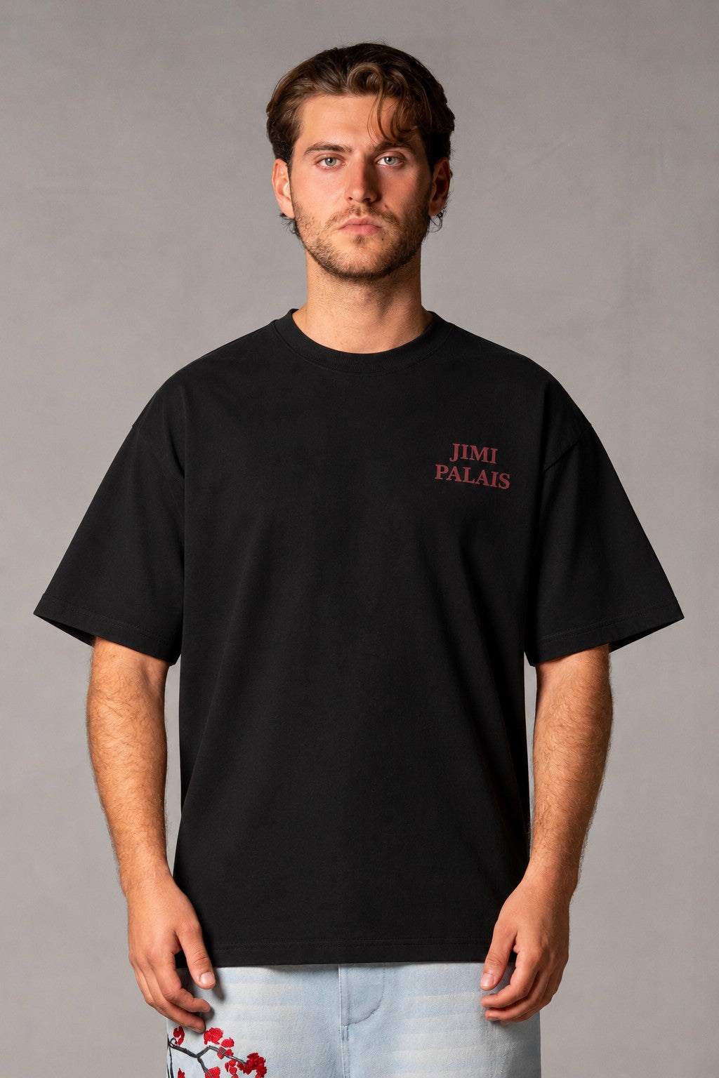 Herren T-Shirt Schwarz mit Japan-Print – Schwarz, Vorderansicht am Model