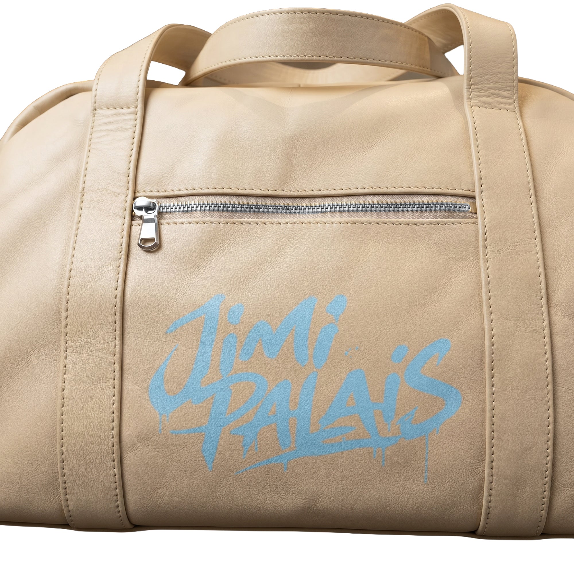 Beige Weekender Bag mit babyblauem JIMI PALAIS Monogram Print und Bowling Bag Form
