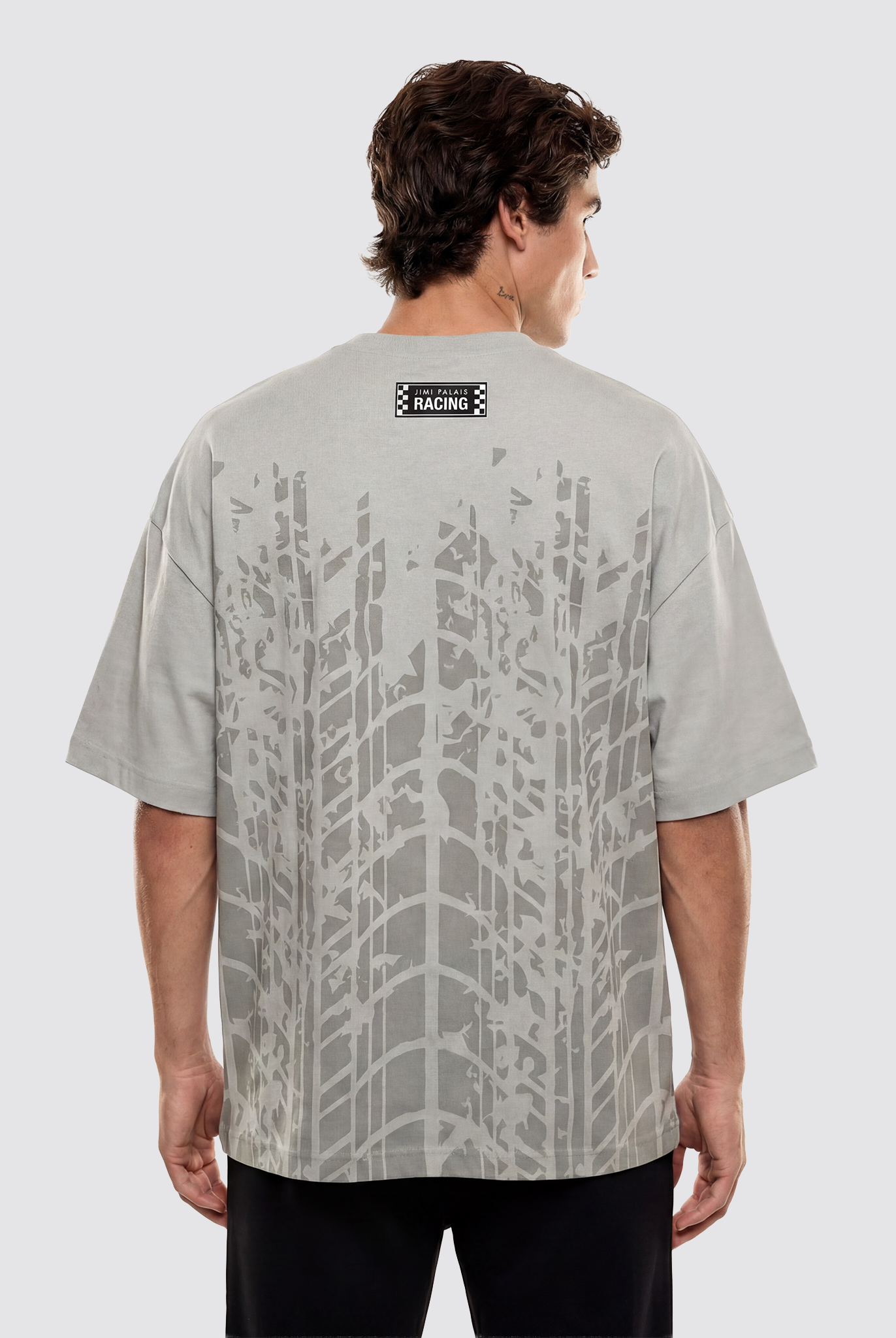 T Shirt mit Bruststickerei und dichtem Stoff mit Backprint im Reifenmuster