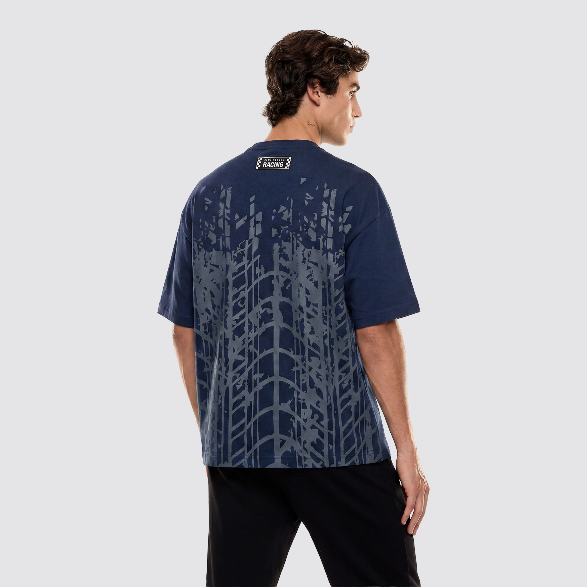 T Shirt mit Bruststickerei und dichtem Stoff mit Backprint im Reifenmuster