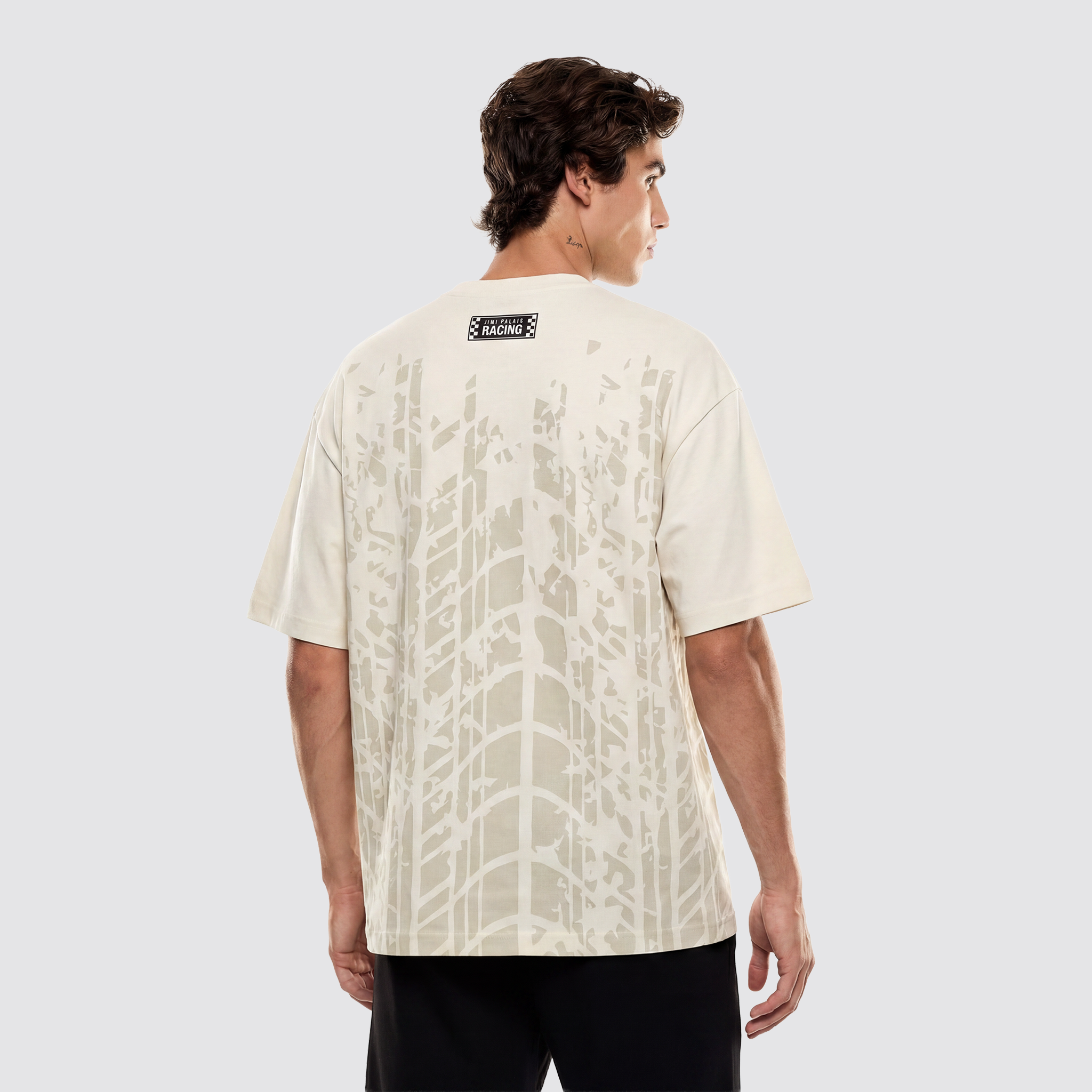 T Shirt mit Bruststickerei und dichtem Stoff mit Backprint im Reifenmuster