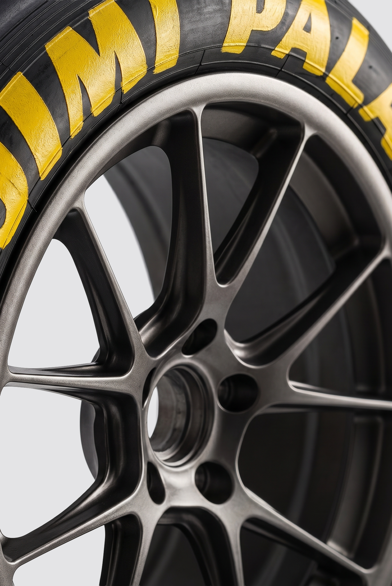 JIMI PALAIS 992 GT3 Cup Reifen mit gelbem Logo als Designobjekt für Interior und Motorsport Liebhaber