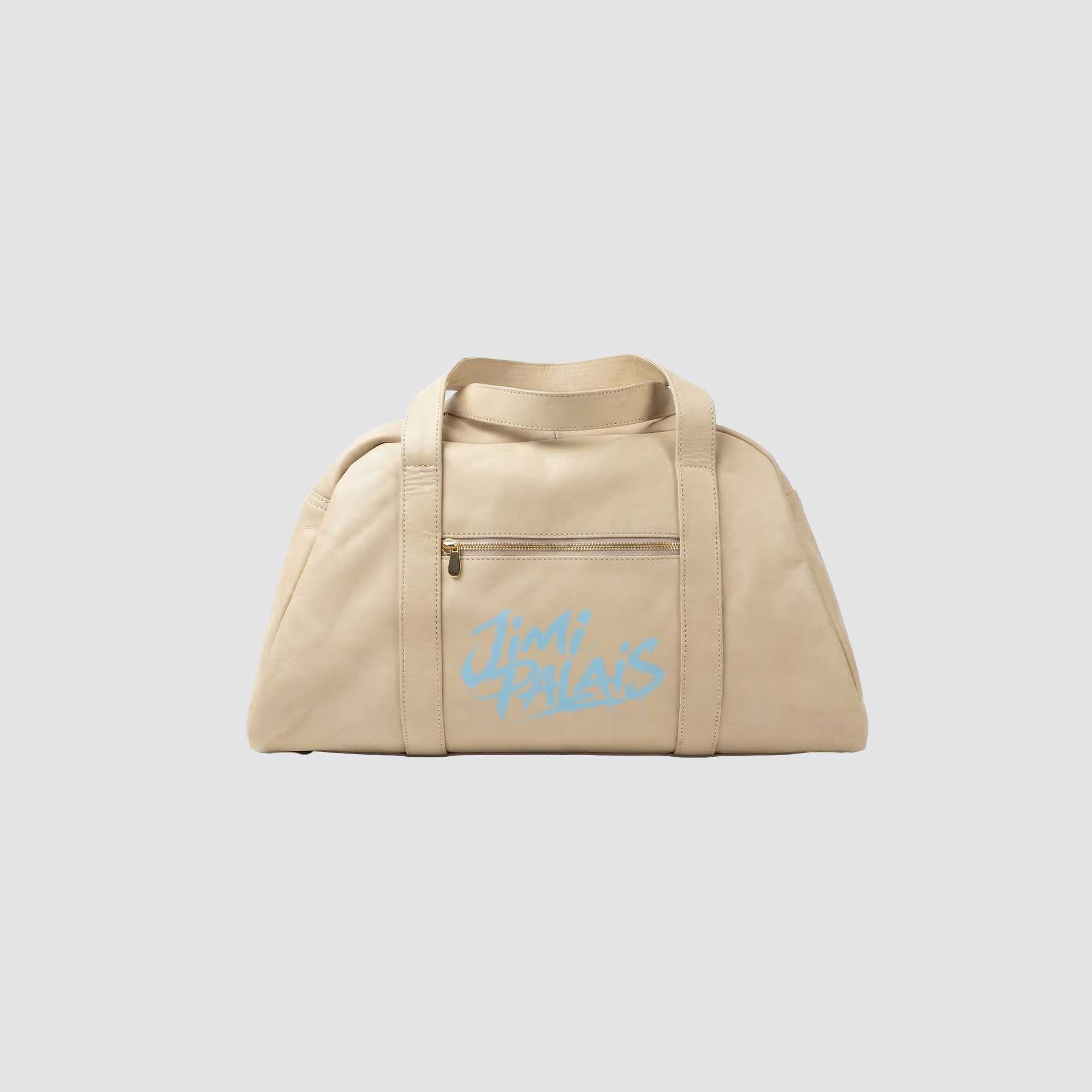 Beige Weekender Bag mit babyblauem JIMI PALAIS Monogram Print und Bowling Bag Form