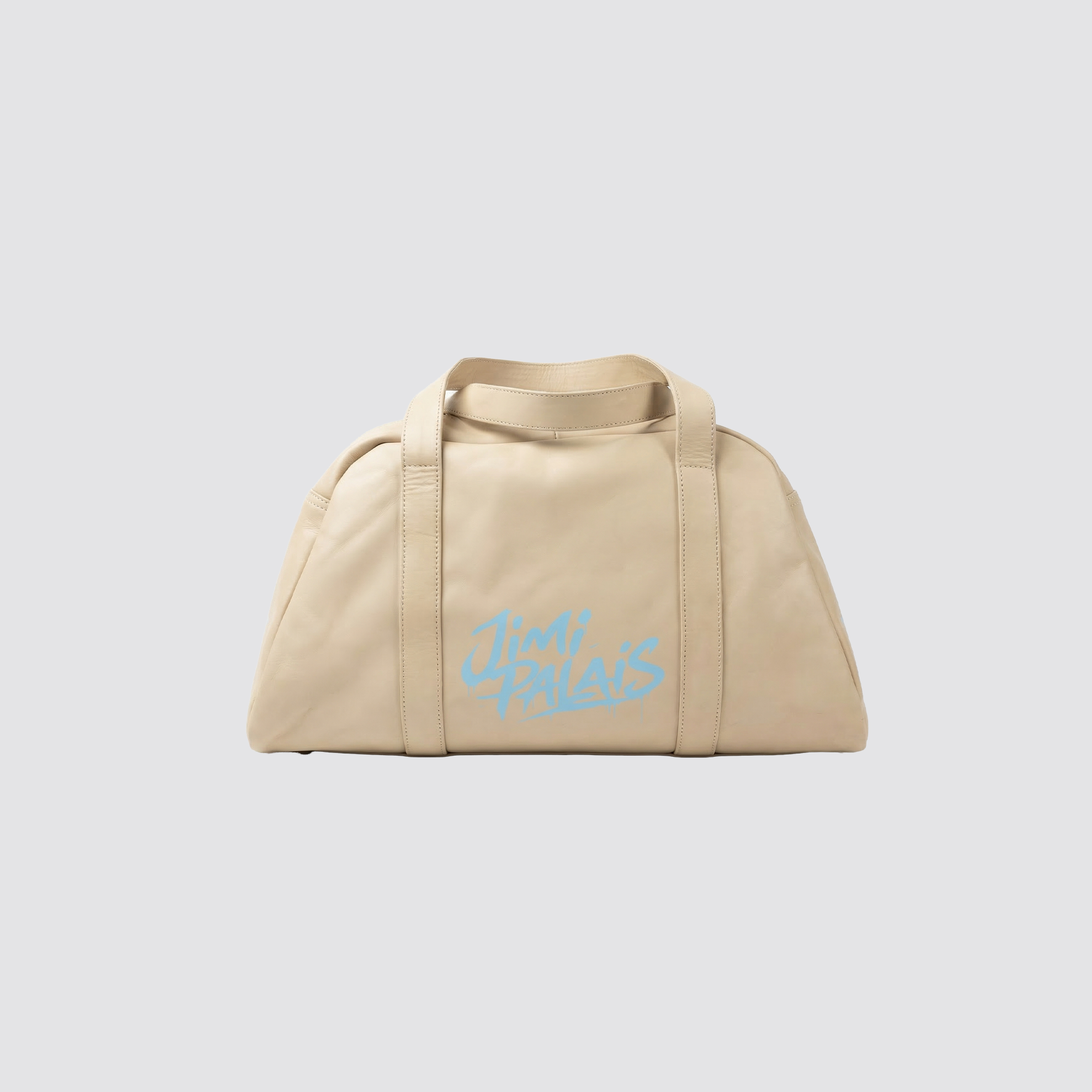 Beige Weekender Bag mit babyblauem JIMI PALAIS Monogram Print und Bowling Bag Form