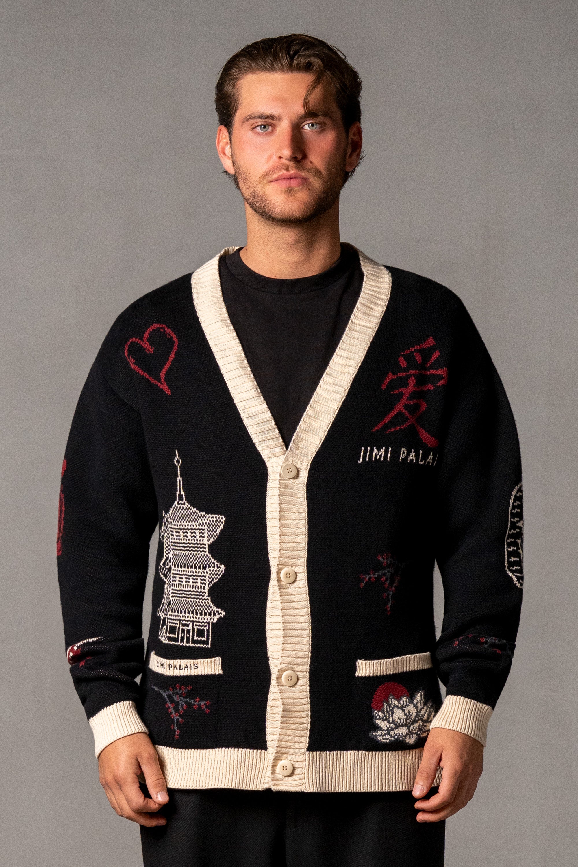 Herren Cardigan mit Japan-Applikationen – Schwarz, Vorderansicht