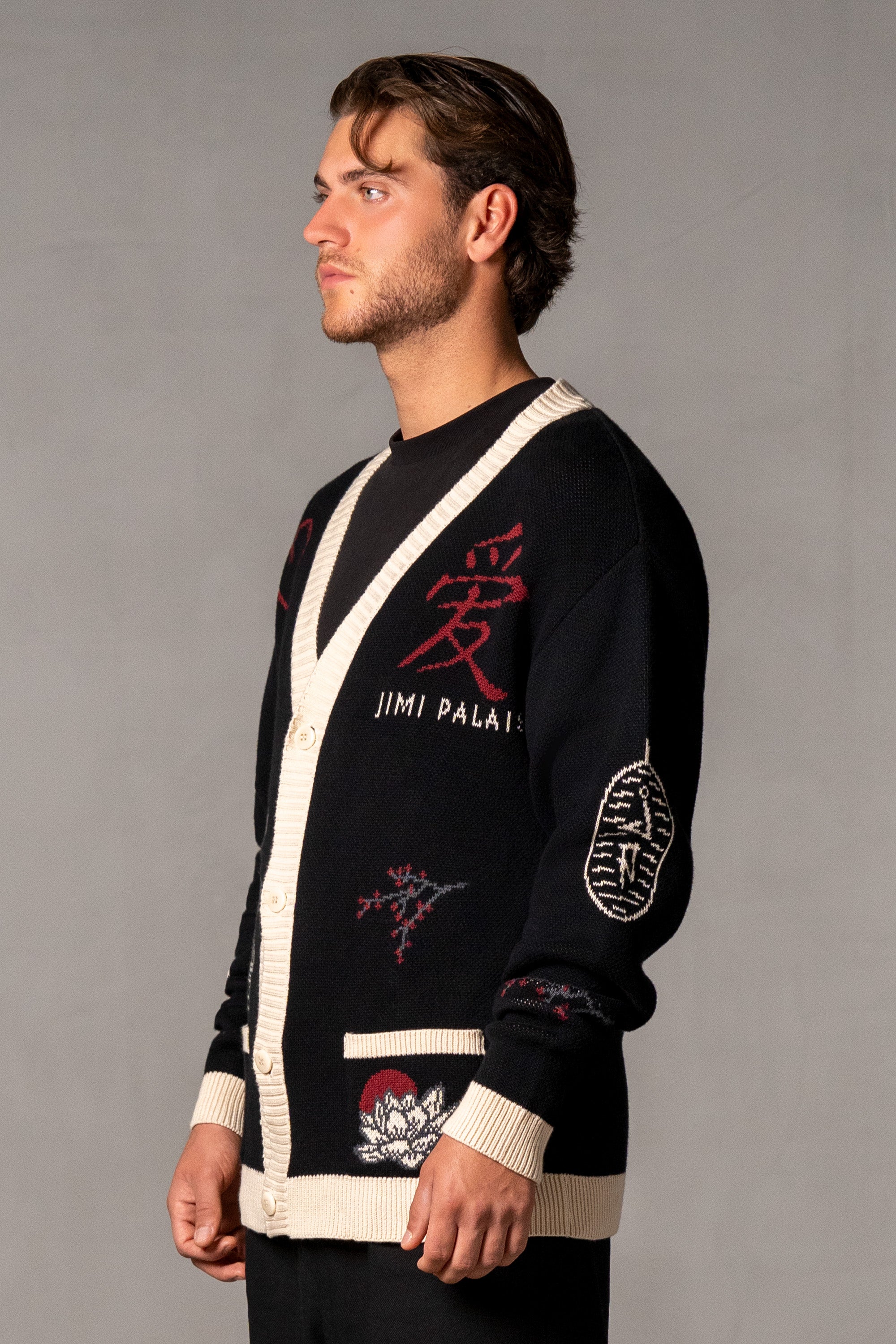 Herren Cardigan mit Japan-Applikationen – Schwarz, Seitenansicht