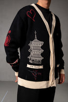 Herren Cardigan mit Japan-Applikationen – Schwarz, Detail