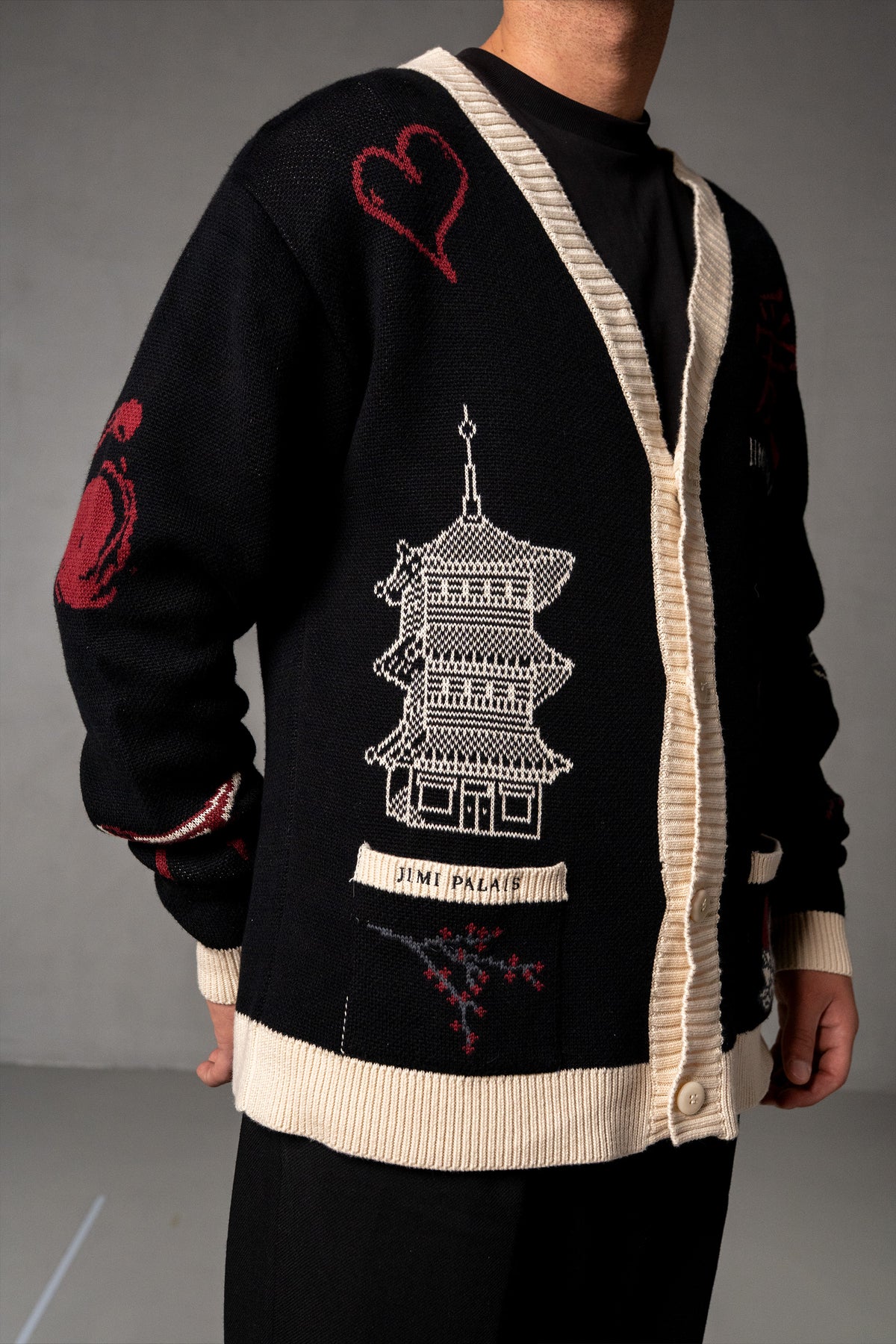 Herren Cardigan mit Japan-Applikationen – Schwarz, Detail