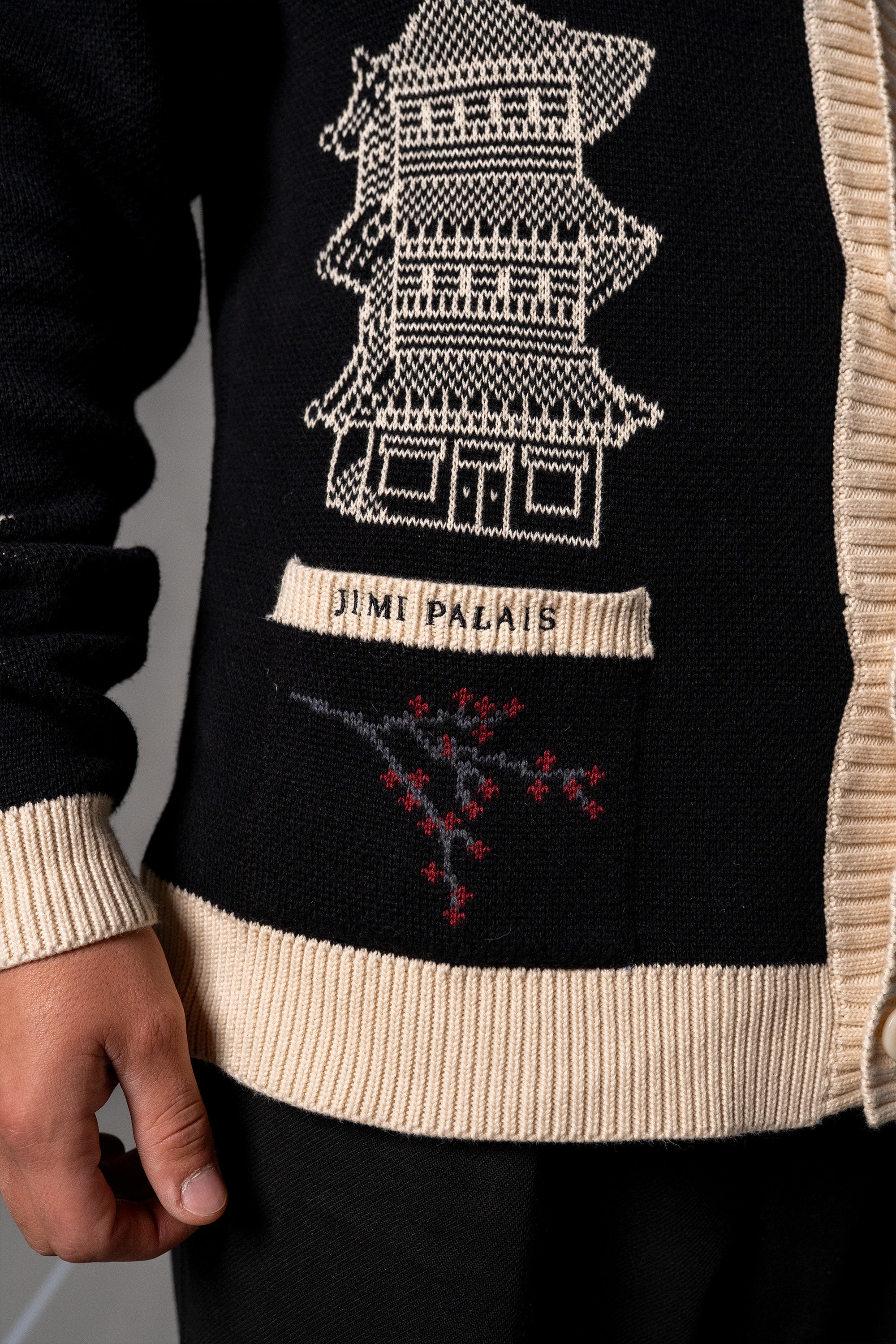 Herren Cardigan mit Japan-Applikationen – Schwarz, Detail