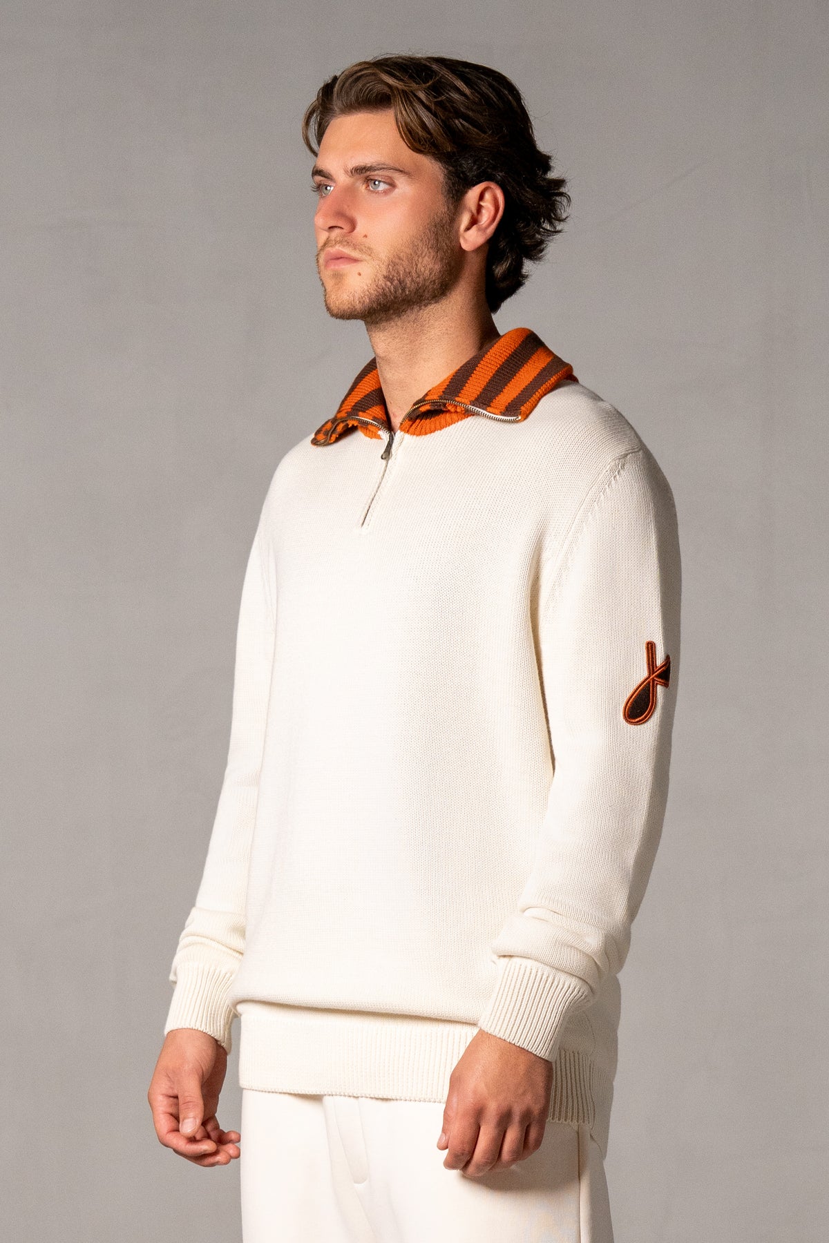 Herren Strickpolo mit Reißverschluss in Beige – Beige, Seitenansicht
