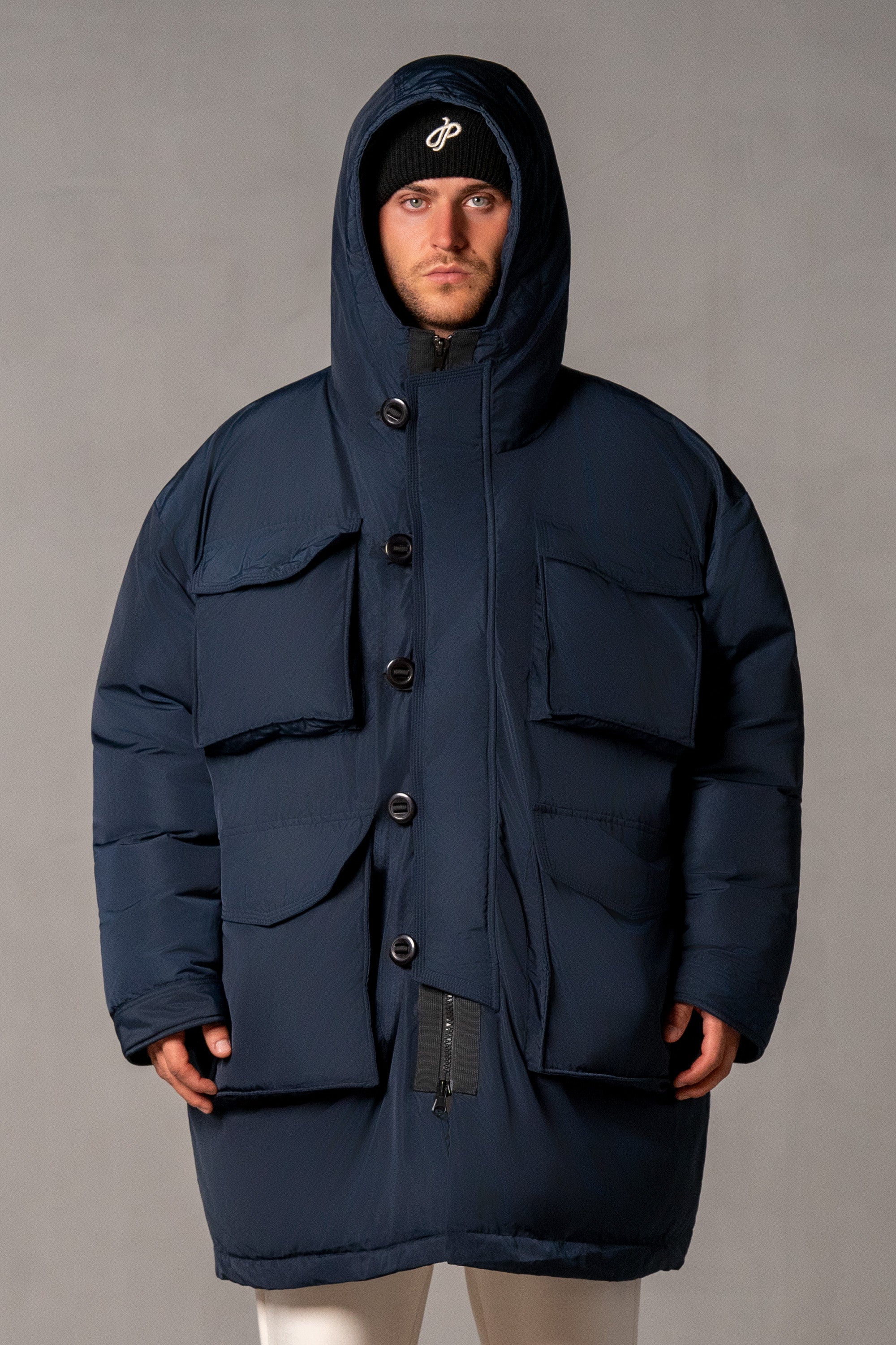 Herren Winterjacke mit JAPAN LOVE 3D-Applikation – Marineblau, Vorderansicht