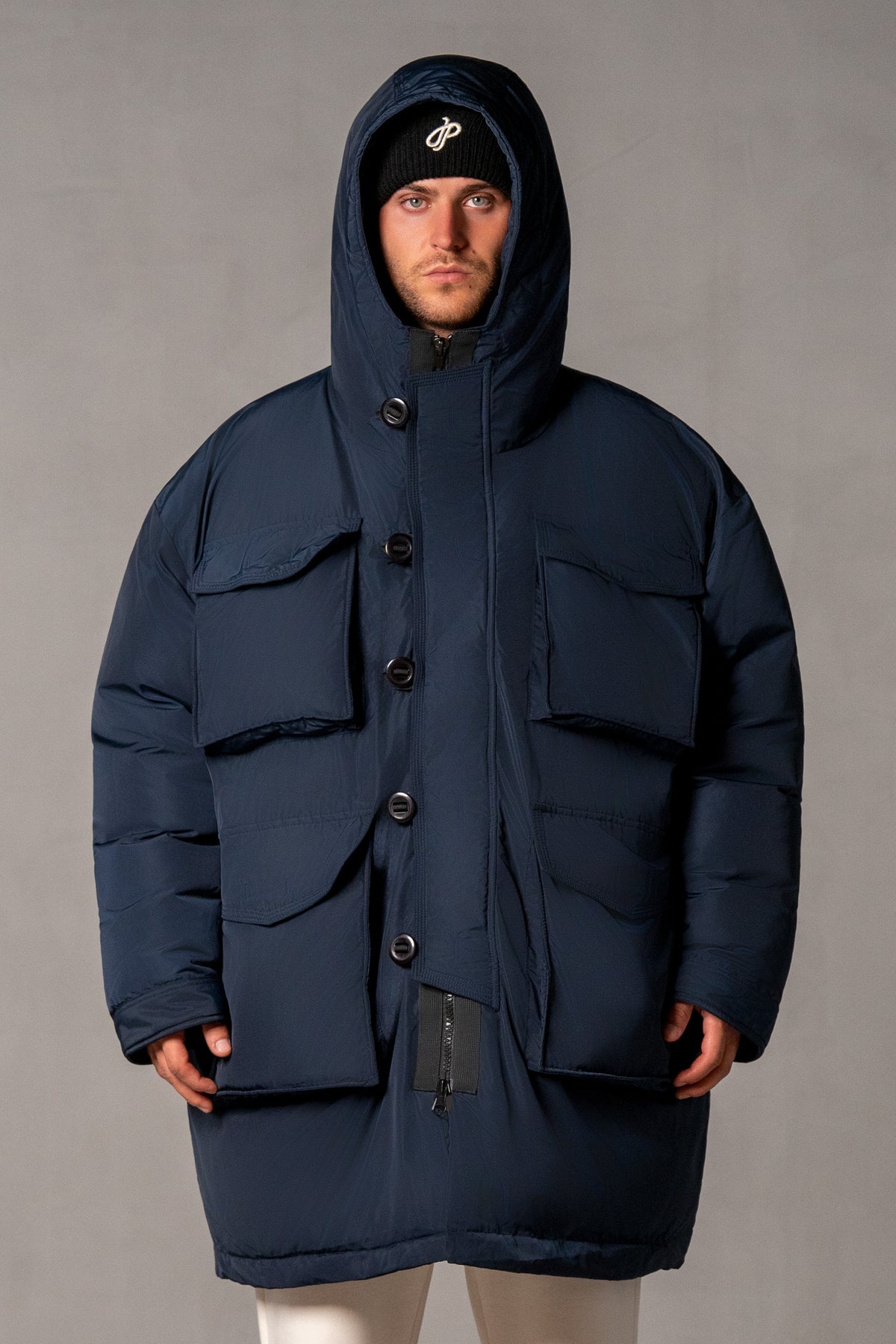 Herren Winterjacke mit JAPAN LOVE 3D-Applikation – Marineblau, Vorderansicht