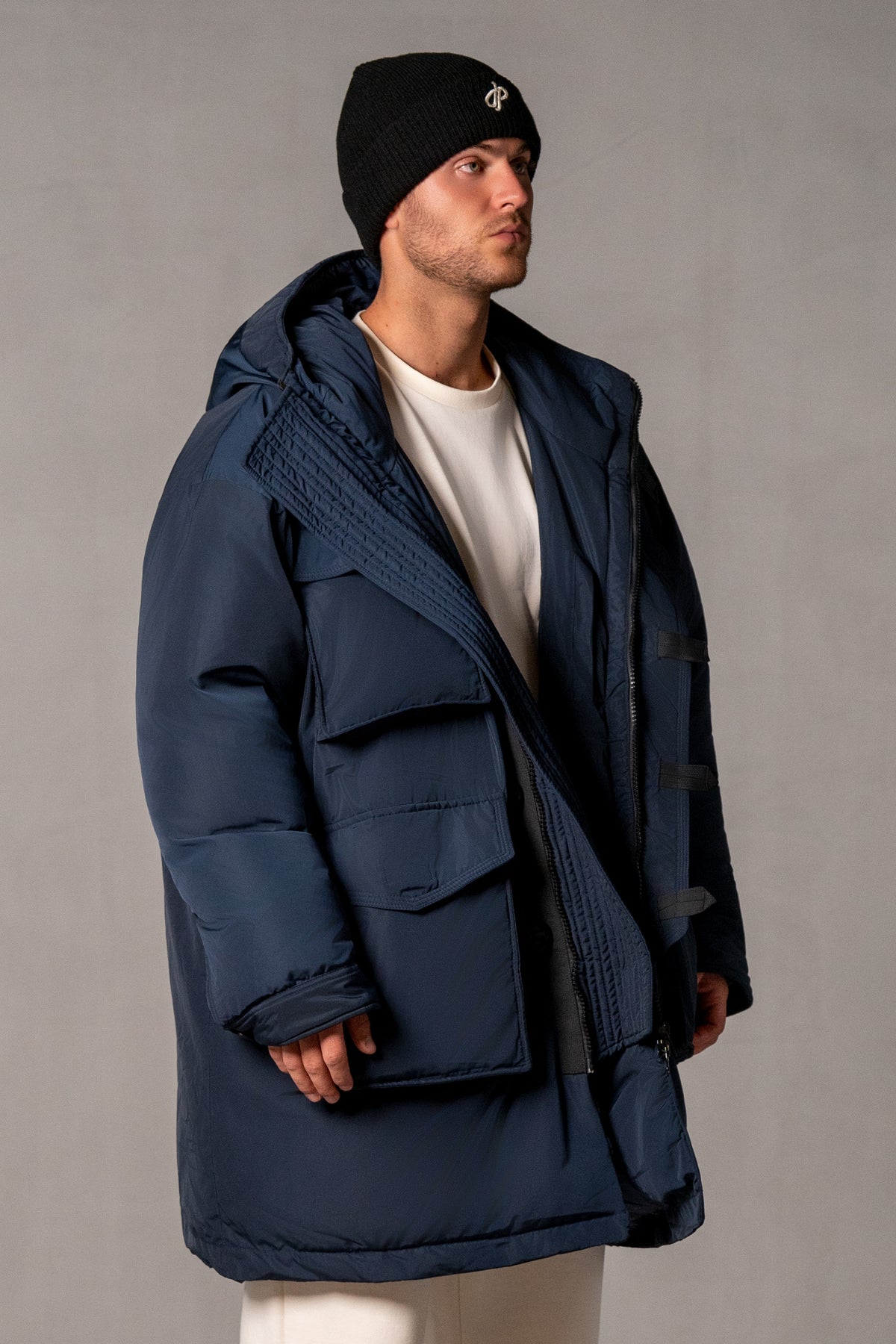 Herren Winterjacke mit JAPAN LOVE 3D-Applikation – Marineblau, Seitenansicht