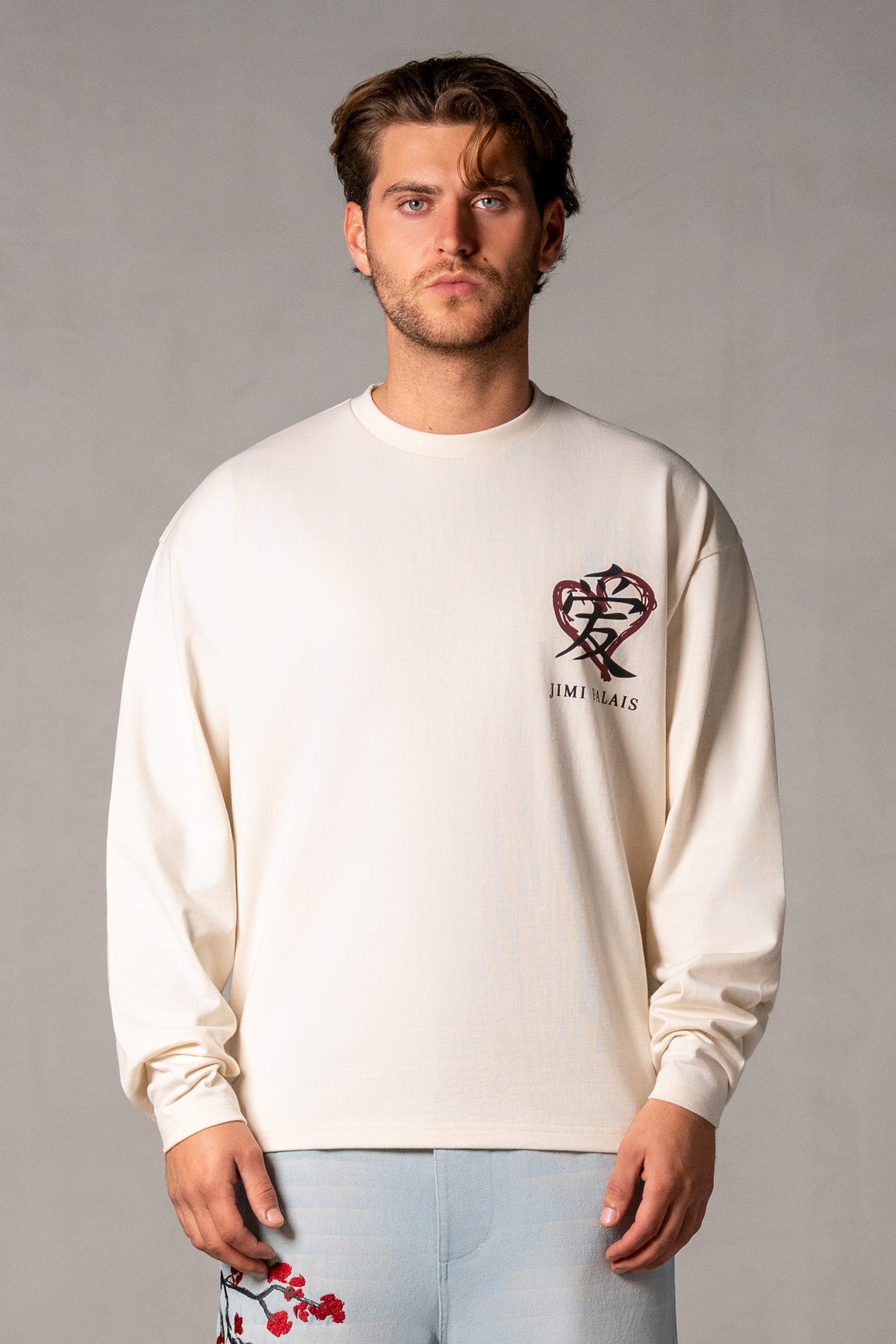 Herren Longsleeve Beige mit Japan-Herz – Beige, Vorderansicht
