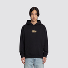 Schwarzer Hoodie mit kleinem Frontprint und großem Rückenprint