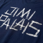T-Shirt mit Reifenspuren-Backprint, JIMI PALAIS Textmotiv auf Rücken und Brust sowie Patch-Label auf der Vorderseite