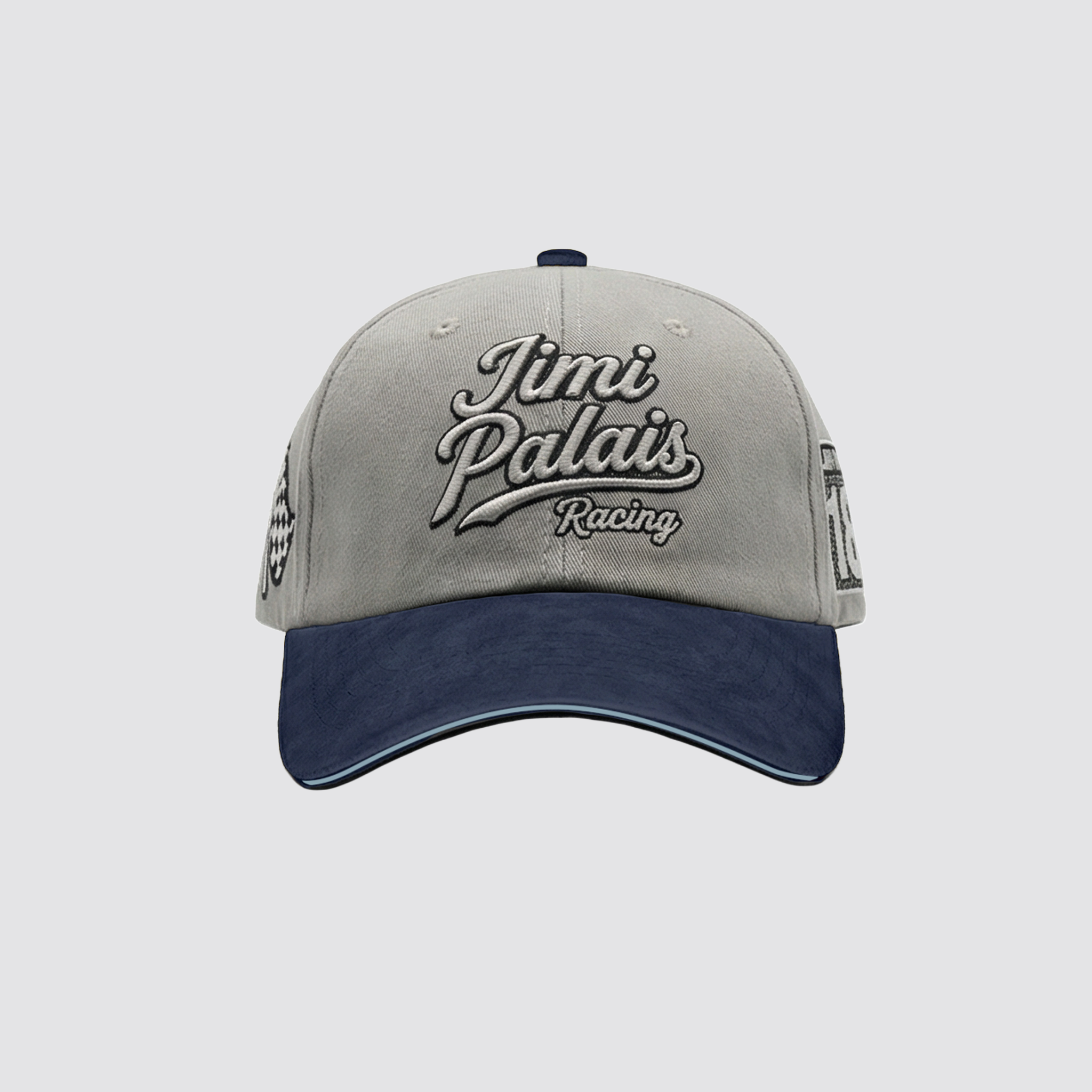 Graue Cap mit navy Schirm und gestickten Applikationen auf der Vorderseite