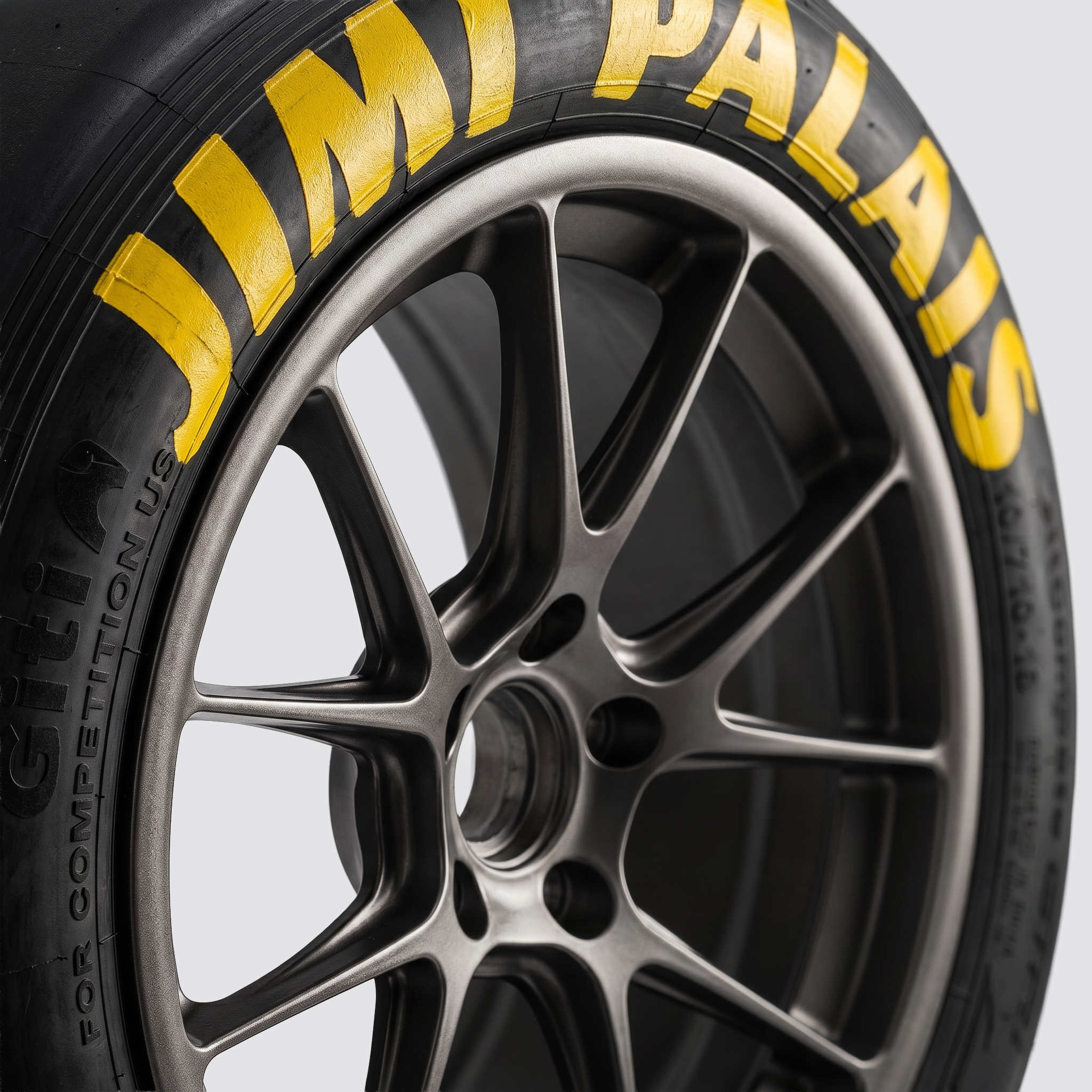 JIMI PALAIS 992 GT3 Cup Reifen mit gelbem Logo als Designobjekt für Interior und Motorsport Liebhaber
