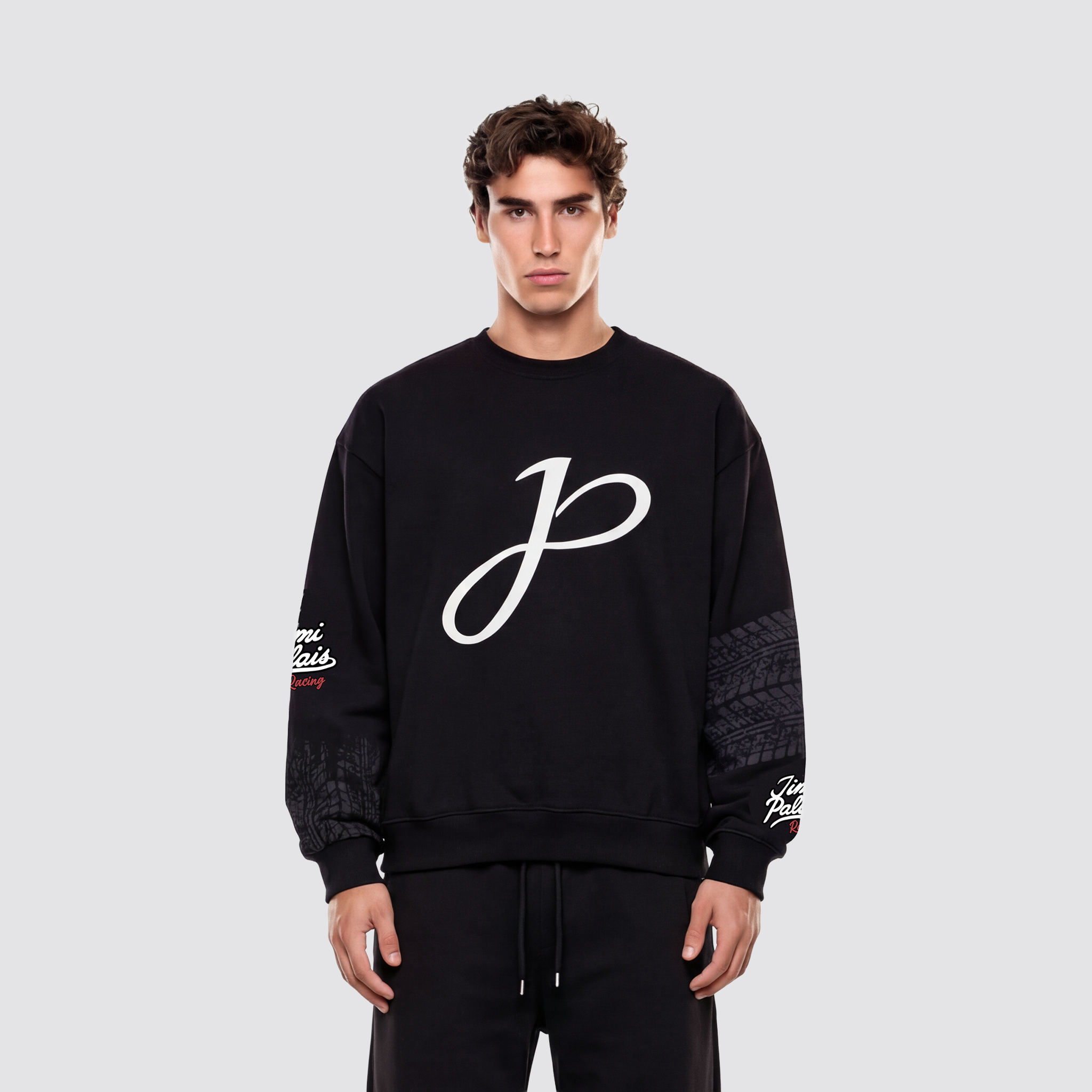 Schwarzer Baumwollpullover mit Applikationen und Frontprint auf der Vorderseite